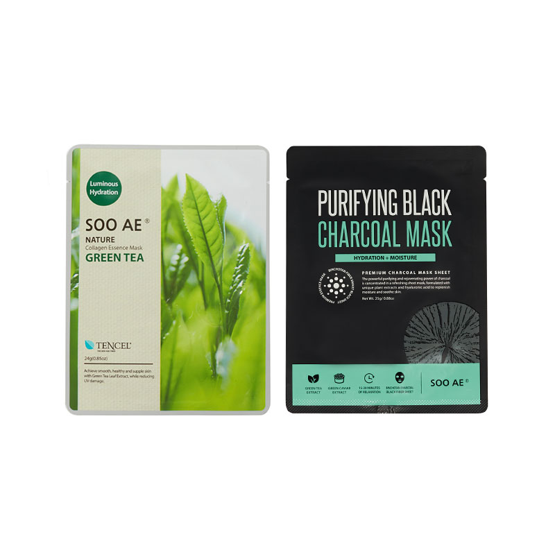 Sheet Mask Duo Purifying Black Charcoal Mask Nature Green Tea Collagen Essence Mask By Soo Ae Skin Treatment Sheet Mask Ipsy
